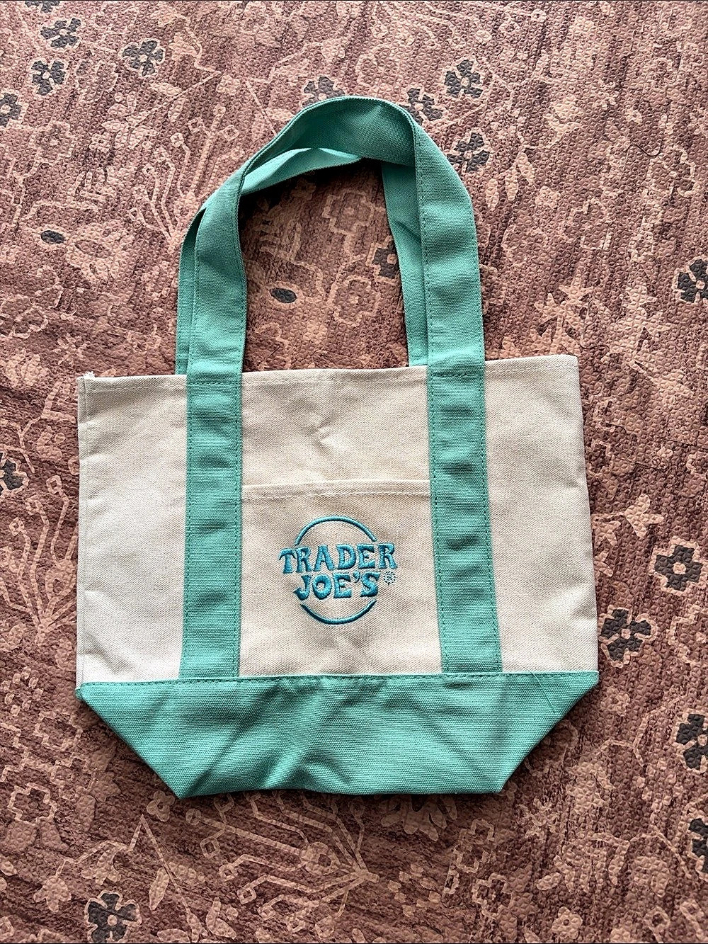 Trader Joe's Mini Pastel Canvas Tote Bag in Green and blue